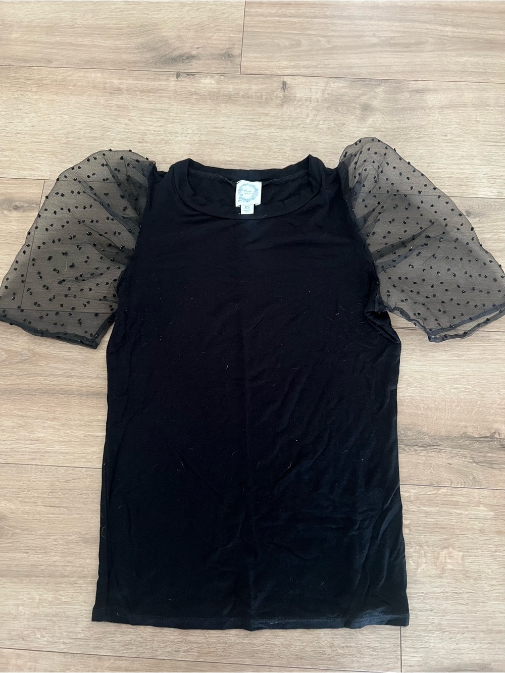 Blue Rain Black Tee with Sheer Dot Puff Sleeves